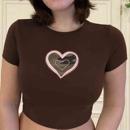 Brown Kawaii Camo Pink Heart Embroidery Cute Y2k Crop Tops Women Fashion Summer Casual O-Neck Short Sleeve Vintage Tee 210510