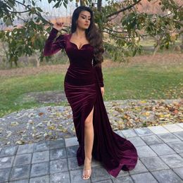 Elegant Burgundy Mermaid Velvet Evening Dresses Sweetheart Long Sleeves Prom Gowns High Side Split Sweep Train Formal Dress Custom Made