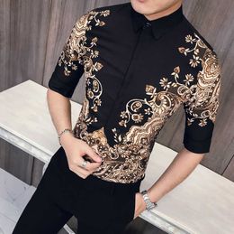 Luxury Gold Men Shirt Half Sleeve Slim Fit Casual Shirt Party Club Prom Tuxedo Shirts Streetwear Camisa Social Masculina 210527