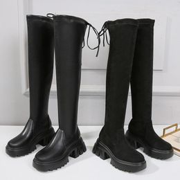 43 Boots Size Chunky Sole FONBERRY Platform Stretch Over The Knee High Women Elegant Back Lace Up Wide Tube Long R 28