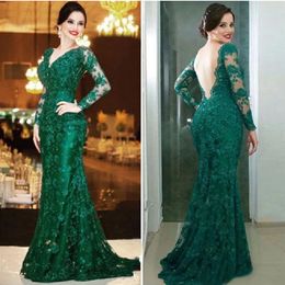 Mermaid Mother of the Bride Dresses Lace Emerald Green Long Sleeves Open Back Exquisite Trumpet Wedding Party Gowns Evening Wear