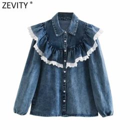 Zevity Women Sweet Lace Patchwork Ruffles Denim Smock Blouse Office Ladies Turn Down Collar Casual Shirt Chic Blusas Tops LS7440 210603