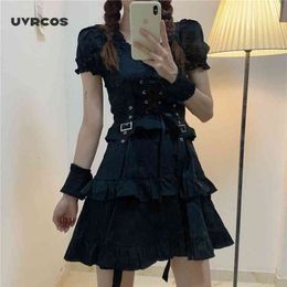 Women's Gothic ita Dress Goth Punk Vintage Ruffle Dark Black Dress Short Sleeve Mini Dresses for Women Patchwork 210712