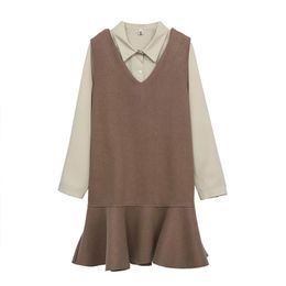 Frauen Khaki Tank Ärmellose Weste Kleid Mit Hemd Drehen Unten Kragen 2 Stück Set Elegante Taste Faux Wolle Winter T0396 210514