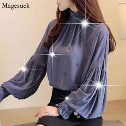 Fashion Lantern Sleeve Women Blouses Simple Solid Elegant Tops And Beading Slim Shirts Blusas 0781 210512