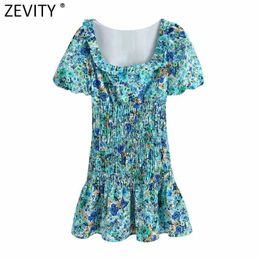 Zevity Women Sweet Agaric Lace Floral Print Pleated Slim Dress Prairie Chic Female Puff Sleeve Vestido Ruffles Mini Dress DS8286 210603