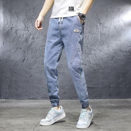 Men's Jeans Trendy Spring Fashion Brand Cropped Loose Elastic Harem Pants Versatile Casual Ankle-Tied