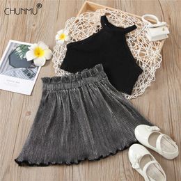 Summer Baby Girls Clothing Sets Kids Clothes Black Sling Top + Sliver High Waist Skirt 2 Pcs Casual Kids Costume X0902