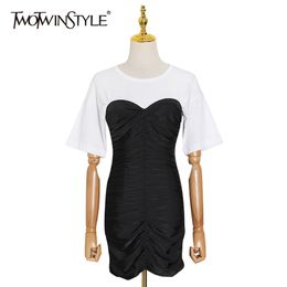 Casual Patchwork Summer Dress Women O Neck Short Sleeve Tunic Ruched Hit Color Mini Dresses Female 210520