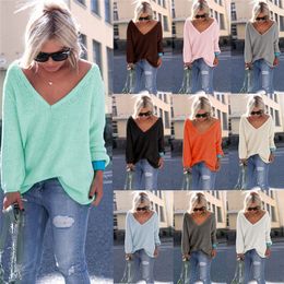 Women Knitted Loose Sweater Casual Sexy V Neck Long Sleeve Pullover Sweaters Autumn Winter Solid Jumpers Knitwear Tops Plus Size 210507