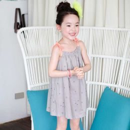 Children 's Summer Clothing Single Print Grey Dress With Shoulder-straps Sweet Summer Lovely Kids Child Dress For Age 3-10 Q0716