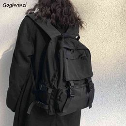 Backpacks Women Canvas Large Capacity Multi-function Leisure Harajuku Black Unisex Black Students Vintage Safari-style Chic New Y1105