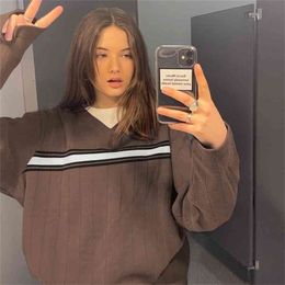 Striped Knitted Oversized Brown Sweater Female Korean Fashion V Neck Long Sleeve Blue Jumper Women Warm Autumn Winter 210914