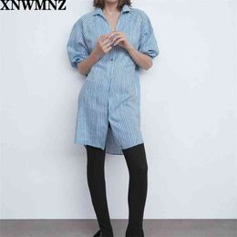 dress Women's Striped Long Mid-Calf Loose Shirt Blouse Dress Autumn Button Straight fashion women puff sleeve 210520