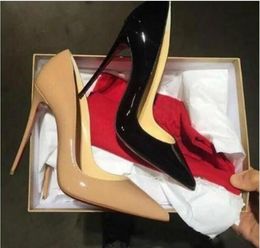-2021 Lady Mujeres Red Bottom Tacones altos zapatos desnudos Negro Sexy Punta de punta de punta 8 10 12 cm Bombas para vestido de novia Tamaño Euro 34-41