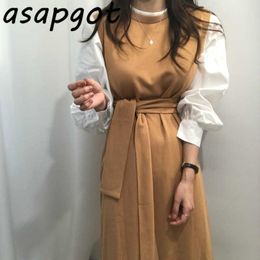 Casual Autumn Korean Chic Stitching Fake Two-piece Loose Bubble Long-sleeved Lace-up Waist Bandage Dress Woman Midi Retro 210610