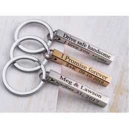 Custom Name Date Keychain Personalized Laser Engrave 4 Sides Stainless Steel Bar for Women Men Jewelry Gift