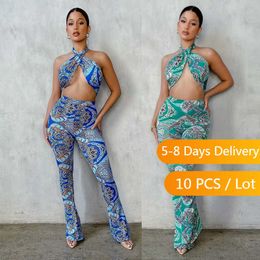 Bulk Items Wholesale Lots Printed Summer Two Piece Set Women Clubwear Halter Top Flare Pants Sets Sexy 2 Piece Vacation Outfits X0709