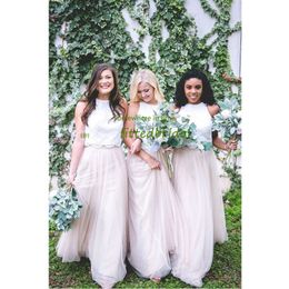 2021 Two Piece Lace Top Long Bridesmaid Dresses Vintage Lace Top Tulle Custom Maid of Honour Prom Party Gowns Cheap