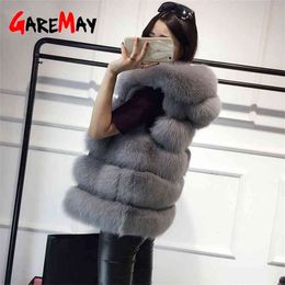 Sleeveless Faux Fur Vest women's Winter Casual long coat Female Solid Fake Fox Hooded Overcoats For women Femme 210428