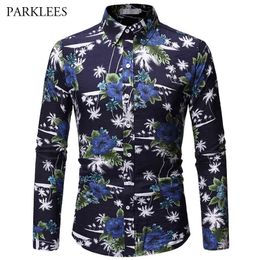 Autumn Flower Plant Pattern Long-Sleeved Men's Fashion Streetwear Button up Casual Slim Fit Cotton Mens Dress Shirts 210524