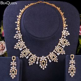 BeaQueen Gorgeous Long Water Drop Earring Necklace Set for Women Jewellery Gold Colour Black Cubic Zircon Bride Wedding Gift JS281 H1022