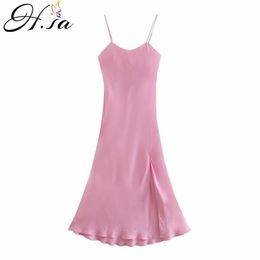 Hsa Summer Women Long Slip Satin Dress Backless Draped Drawstring Side Slit Tunic Party Maxi Dress Pink Vestidos 210716