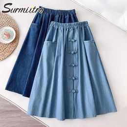 SURMIITRO Spring Summer Women Vintage Chinese Style Buckle Blue High Waist Sun School Knee Length Midi Female Denim Skirt 210712