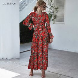 Long Dress Autumn Winter Dots Flroal Print Ruffle Black Clothes Elegant Ladies Flower Long Sleeve Maxi Dresses For Women 210319