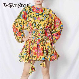 Casual Print Dresses Female O Neck Lantern Long Sleeve High Waist Lace Up Bownot Summer Dress Women Fashion Clothes 210520