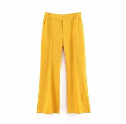 Women Twill Wide Leg Pants Zipper Design European Style Female Vintage Casual Yellow Trousers High Waist Pantalones 210430