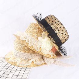 Summer Sun Hat for Women Flowers Lace Ribbon Flat Top Shade Straw Hat Lady Girls Outdoor Vacation Beach Hat Panama