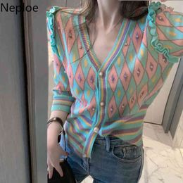 Neploe Women Clothing Spring Summer Contrast Colour Plaid Sweater Ruffles Patchwork Tops Vintage V Neck Knit Cardigan Jacket 210422