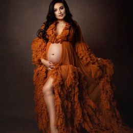 Orange Evening Dresses Photo Shoot Custom Made Chiffon Maternity Robes Women Gowns Fluffy Ruffle Robe Formal Party Dress