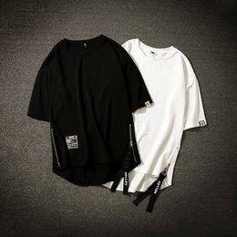 Streetwear Cotton Men T-shirt Half Length Tee Shirt Homme Hip Hop Ribbons Side-zipper Short Sleeve Men T Shirt SH190828