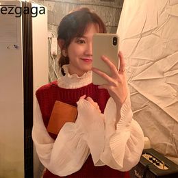 Ezgaga Two Piece Set Women Spring Long Flare Sleeve White Shirts and Sweet Knit Sweater Vest Korean Chic Loose Pullover Casual 210430