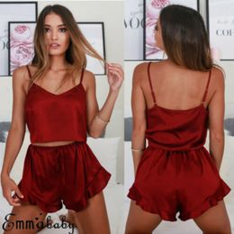 Hirigin Women's Satin Silk Pyjama Lingerie Nightwear Sleepwear Sexy Tops Shorts red suit sexy Pyjamas Q0706