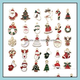 Charms Jewelry Findings & Components Mix 50Pcs Christmas Pendants For Bracelet Earring Alloy Oil Drip Santa Snowman Bells Diy Aessories Fact