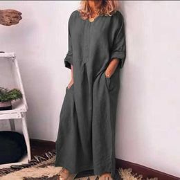 Cotton Linen Women Dress Loose Waist Solid Office Lady O Neck Pocket Ankle Length Vestido Plus Size 5XL Q0713