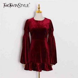 Velour Red Dress For Women O Neck Lantern Sleeve High Waist Mini Solid Dresses Female Fashion Clothing Stylish 210520