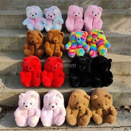 Cartoon Bear Winter Women Slippers Fashion Animal Home Slip On Warm House Shoes Men Lovers Boys Girls Indoor Fur Slides H1122