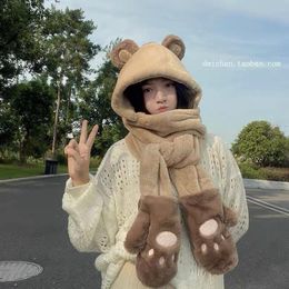 Berets Gloves Bear Autumn And Winter Hat Scarf Adult One Temperament Three-piece Hooded Suit Hats