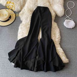 Fashion Ruffle Flare Pants Black Women Bodycon High Waist Bell-Bottoms Pant Chic Solid Color Trouser Streetwear 210506