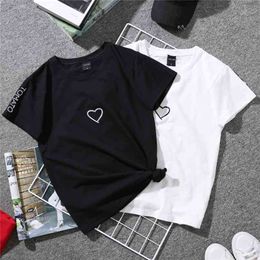 Summer Couples Lovers T-Shirt For Women Casual White Tops Tshirt T Shirt Love Heart Embroidery Print Female 210607