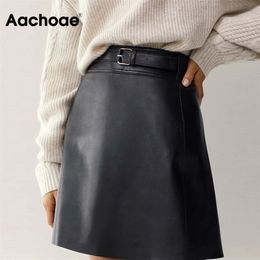 Aachoae Chic Women Black PU Faux Leather Skirt With Belt High Waist Ladies Mini Female A Line Fashion s 210629