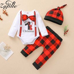 ZAFILLE My First Christmas Outfits For Baby Boy Clothes Set and Hat Xmas Deer Romper+Plaid Pants Baby Boy Christmas Costume 210927