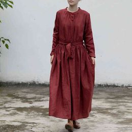 Johnature Women Bandage Vintage Dresses Linen O-Neck Long Sleeve Robes Solid Colour Button Loose Spring Chinese Style Dress 210521