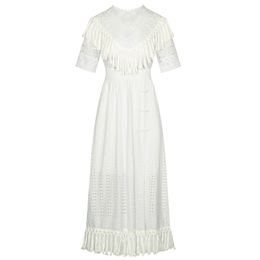 Women Bohemian Dress White Midi Short Sleeve Tassel Lace D1238 210514