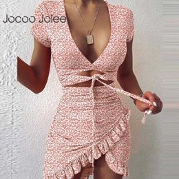 Jocoo Jolee Women Summer Sexy Y2K Floral Print Tie Up Wrap Holoday Mini Dress V-Neck Ruffles Ruched Short Sleeve Party Club 210619