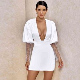 Ocstrade White Bodycon Dress Women Long Sleeve Bodycon Dress New Fashion Summer Sexy Deep v Neck Backless Club Party Dress 210325